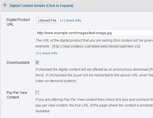 a screenshot showing the digital product details section of wp eStore plugin