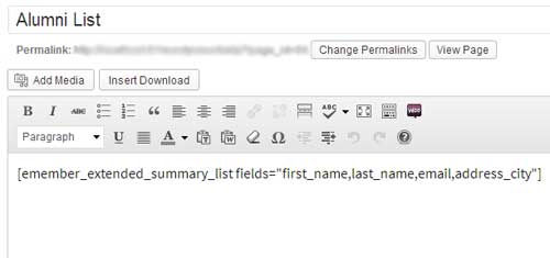 screenshot showing how to embed a shortcode to dispaly alumni list on wordpress