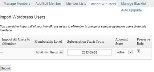 screenshot showing how to import wordpress users to alumni group in eMember plugin