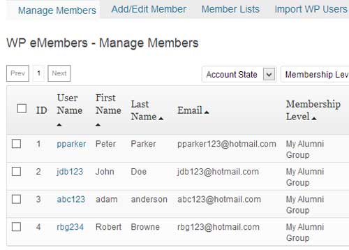 screenshot showing a list of alumni group in eMember plugin