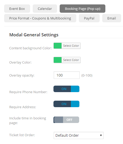 screenshot showing booking popup settings