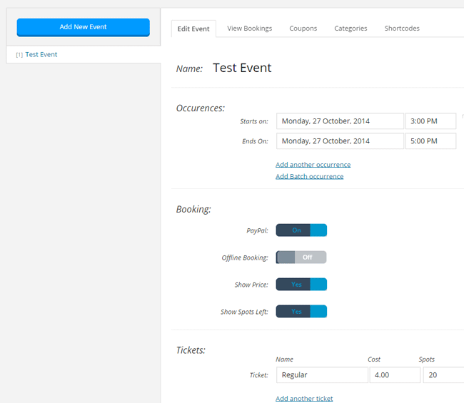 screenshot showing how to create a new event in the event booking manager plugin