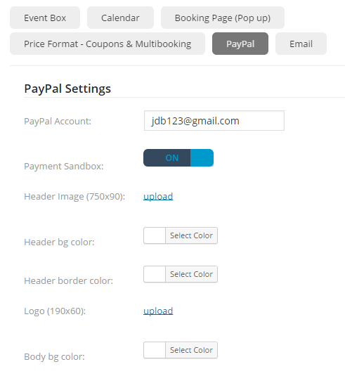 screenshot showing paypal settings for event booking manager plugin