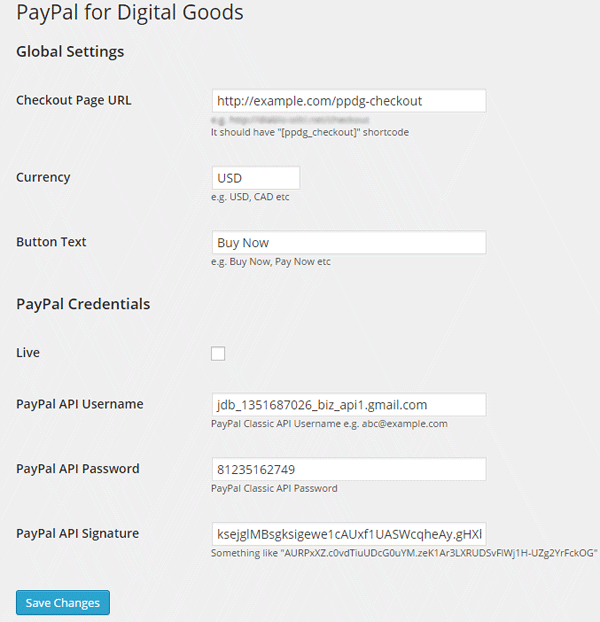 PayPal for Digital Goods plugin settings