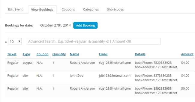 screenshot showing a list of  bookings in the event booking manager plugin