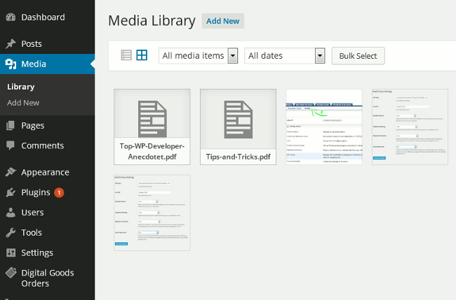 screenshot showing how to upload a pdf e-book using WordPress media uploader