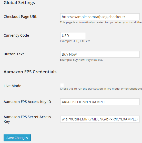 screenshot of amazon fps plugin settings