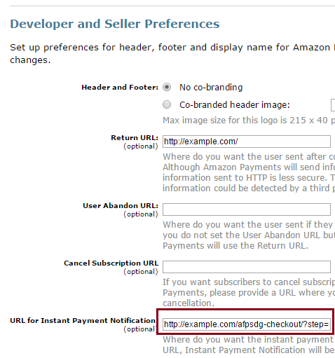 screenshot showing how to specify a notification url in your amazon payments account