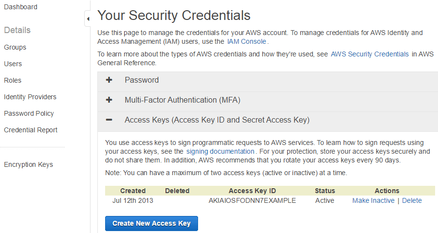 screenshot showing how to create an access key for amazon web services account